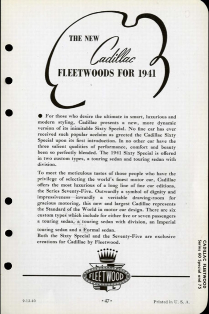 1941 Cadillac Salesmans Data Book Page 93